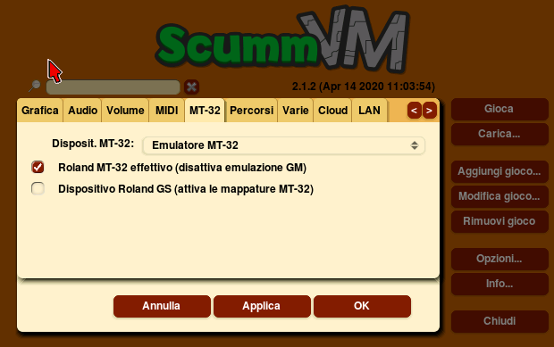 Come dovrebbero apparire le opzioni del tab MT-32.